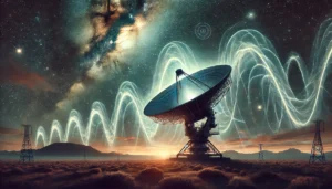 A surreal depiction of a large radio telescope pointed towards a starry-night sky with ethereal pulsating radio waves emanating from the dish symbol.