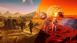 a split scene of a realistic illustration of boron miners in the american west and space settlers on the surface of mars.