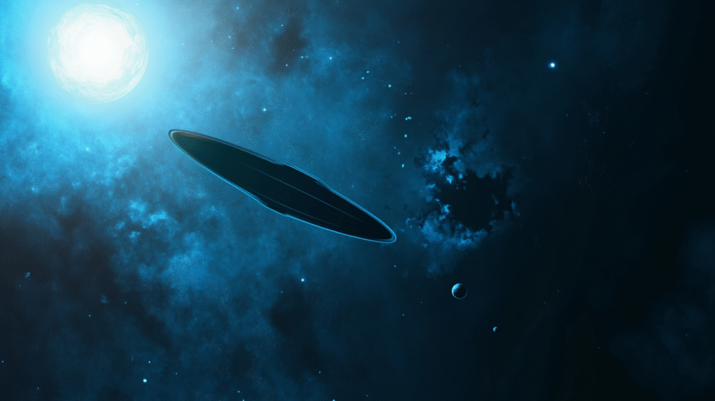 A stylized vector image of a mysterious interstellar object gliding past a solar system. The design hints at advanced navigation, distant stars, and cosmic exploration without using any text. It combines deep blues, subtle glows, and a sci-fi modern aesthetic