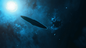 A stylized vector image of a mysterious interstellar object gliding past a solar system. The design hints at advanced navigation, distant stars, and cosmic exploration without using any text. It combines deep blues, subtle glows, and a sci-fi modern aesthetic