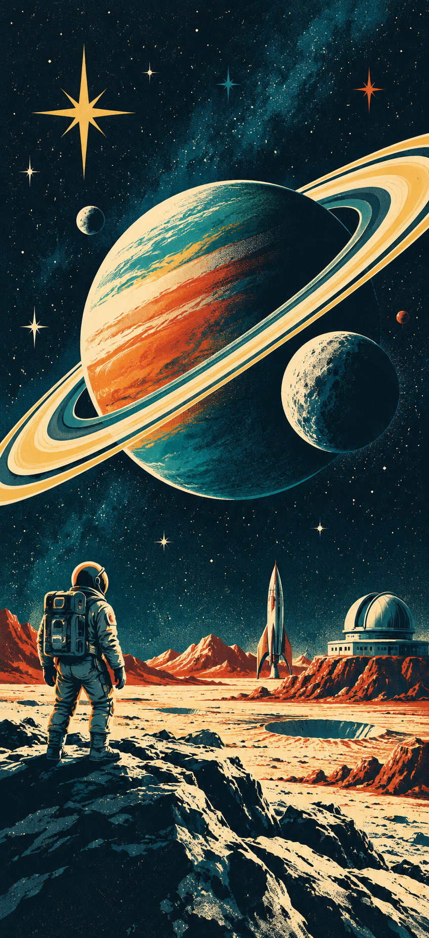 Retro-futurist astronaut on an alien landscape beneath a giant ringed planet and stars.
