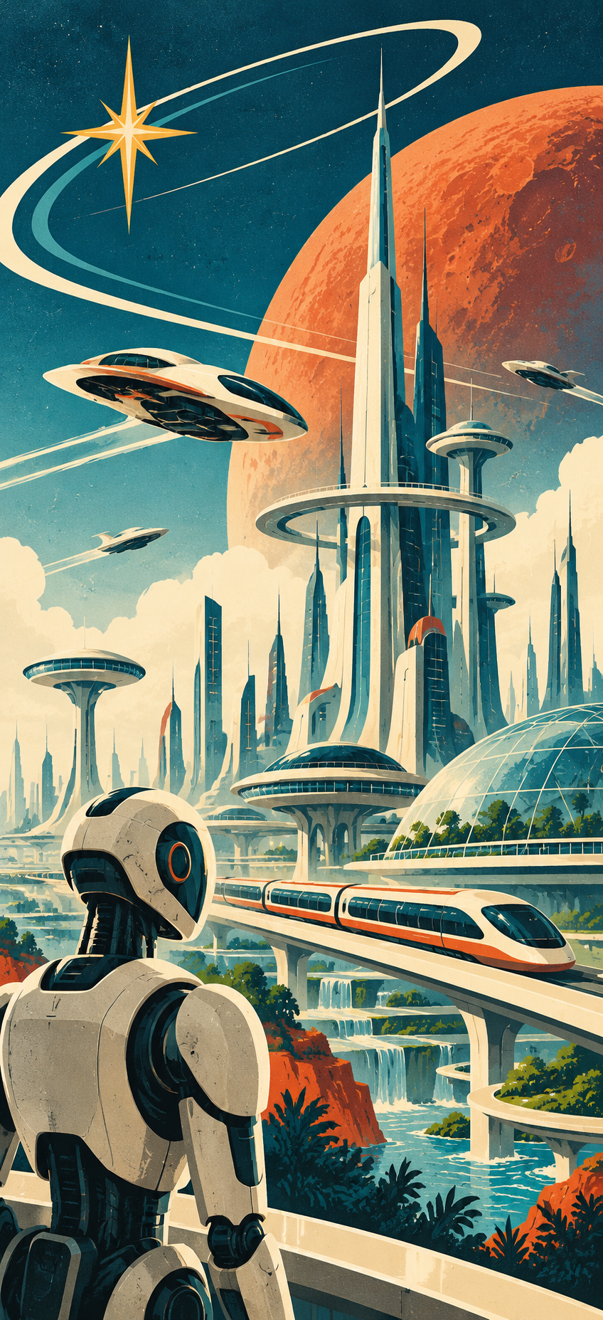 Retro-futurist robot overlooking a sleek city with flying vehicles, monorails, and towering architecture.