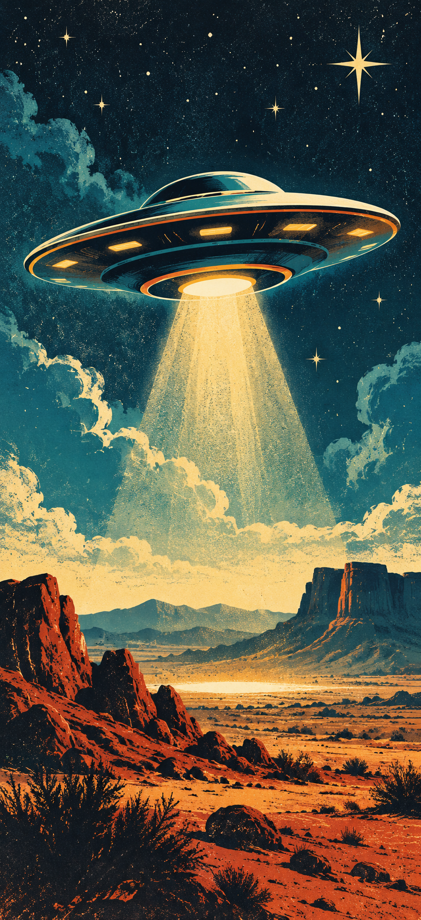 Retro flying saucer hovering above a desert valley and casting a bright beam onto the landscape.