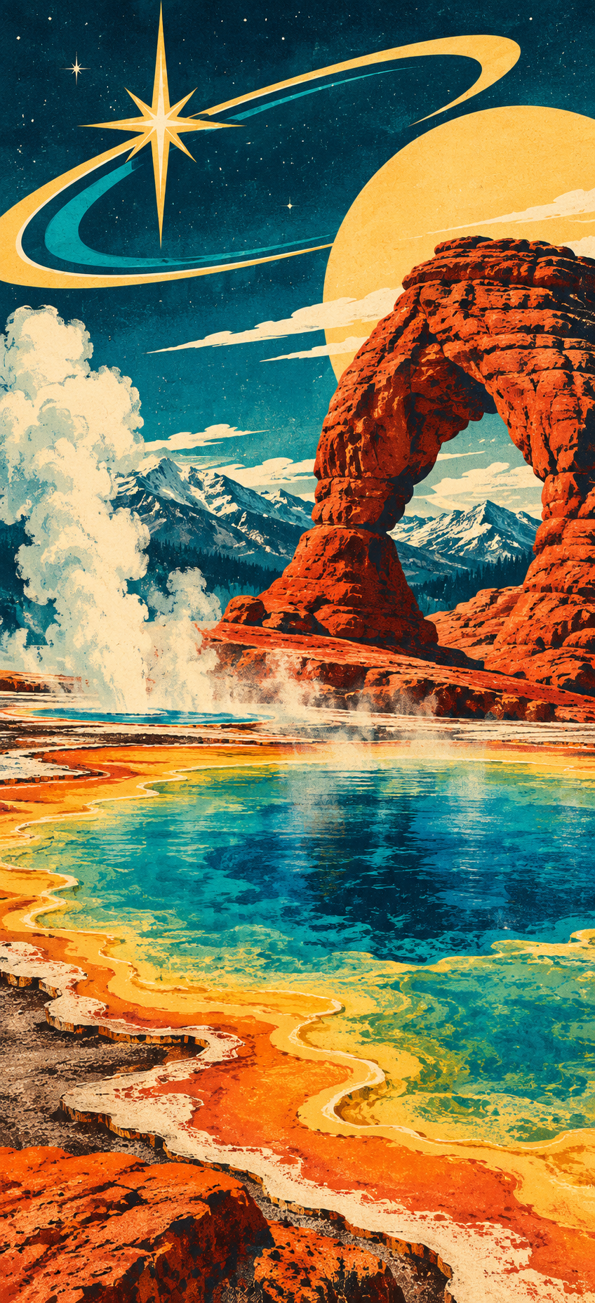 Surreal geothermal landscape with vivid mineral pools, geysers, red rock formations, mountains, and a stylized cosmic sky.