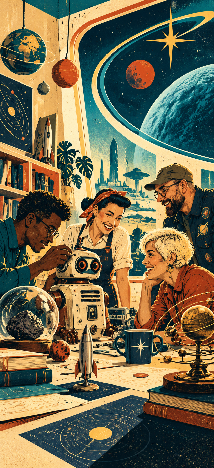 Diverse group of makers gathered around a small retro robot in a colorful space-themed workshop.