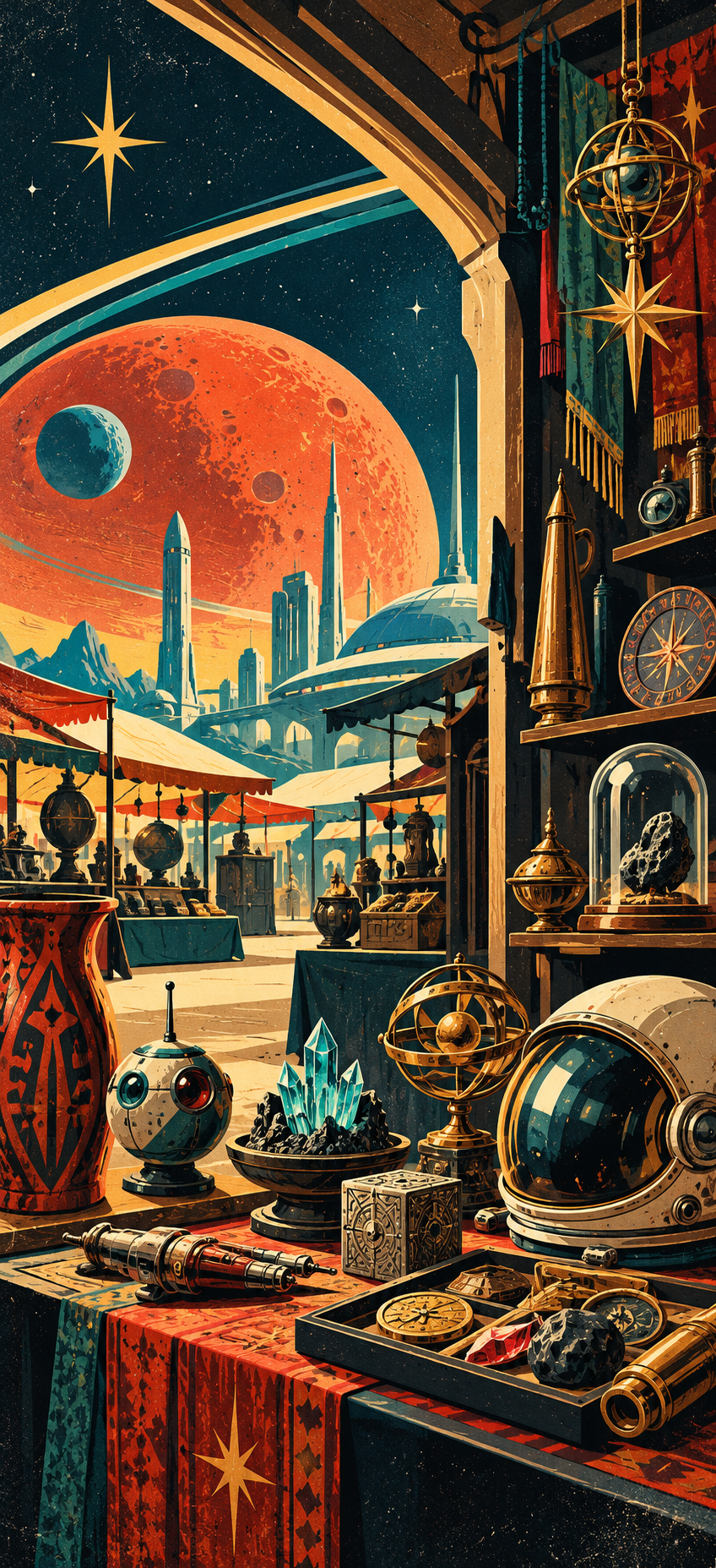Retro-futurist market filled with robots, crystals, celestial instruments, space artifacts, and unusual collectibles.