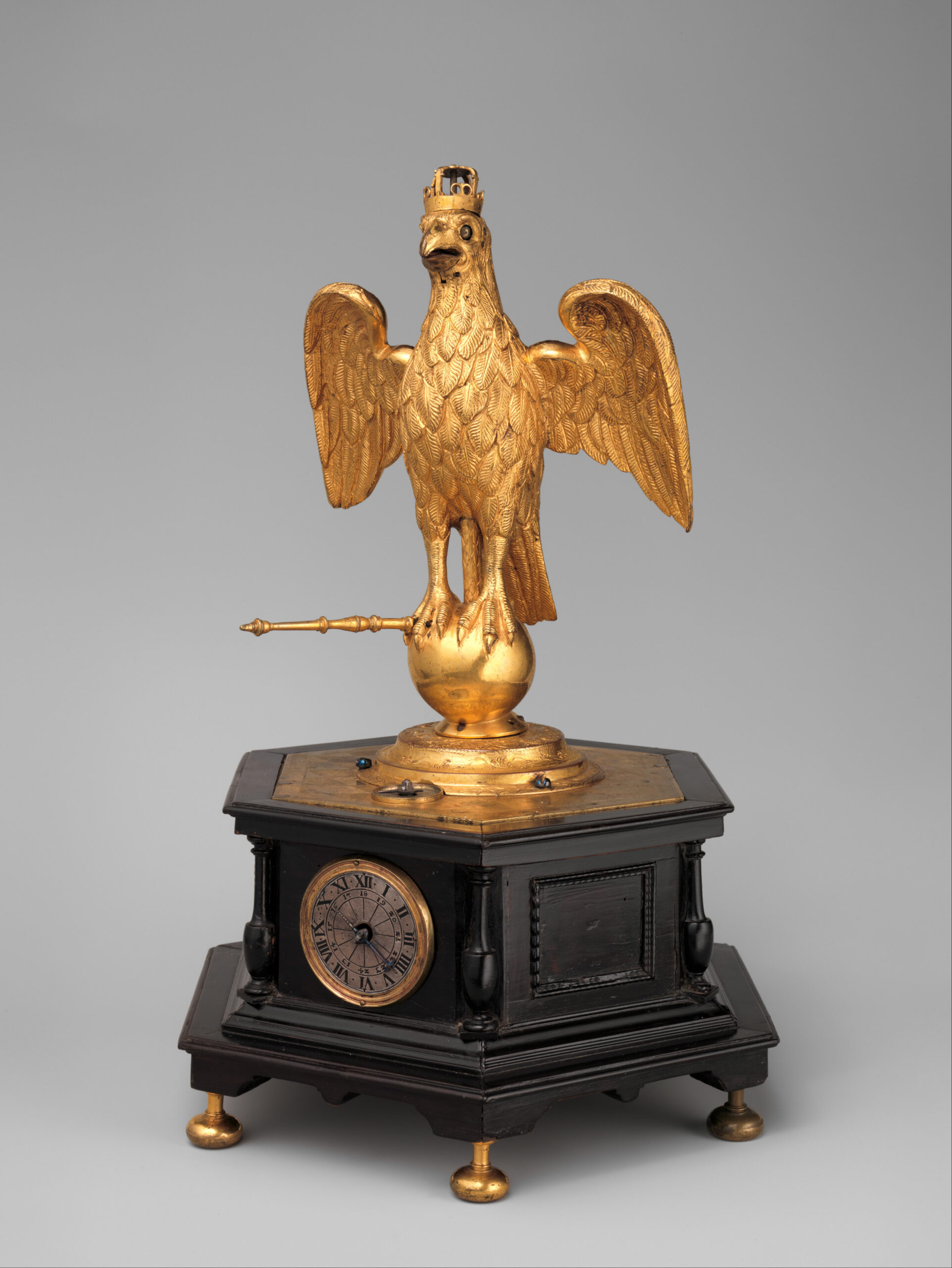 Gilded eagle automaton clock holding an imperial scepter, Augsburg, circa 1630