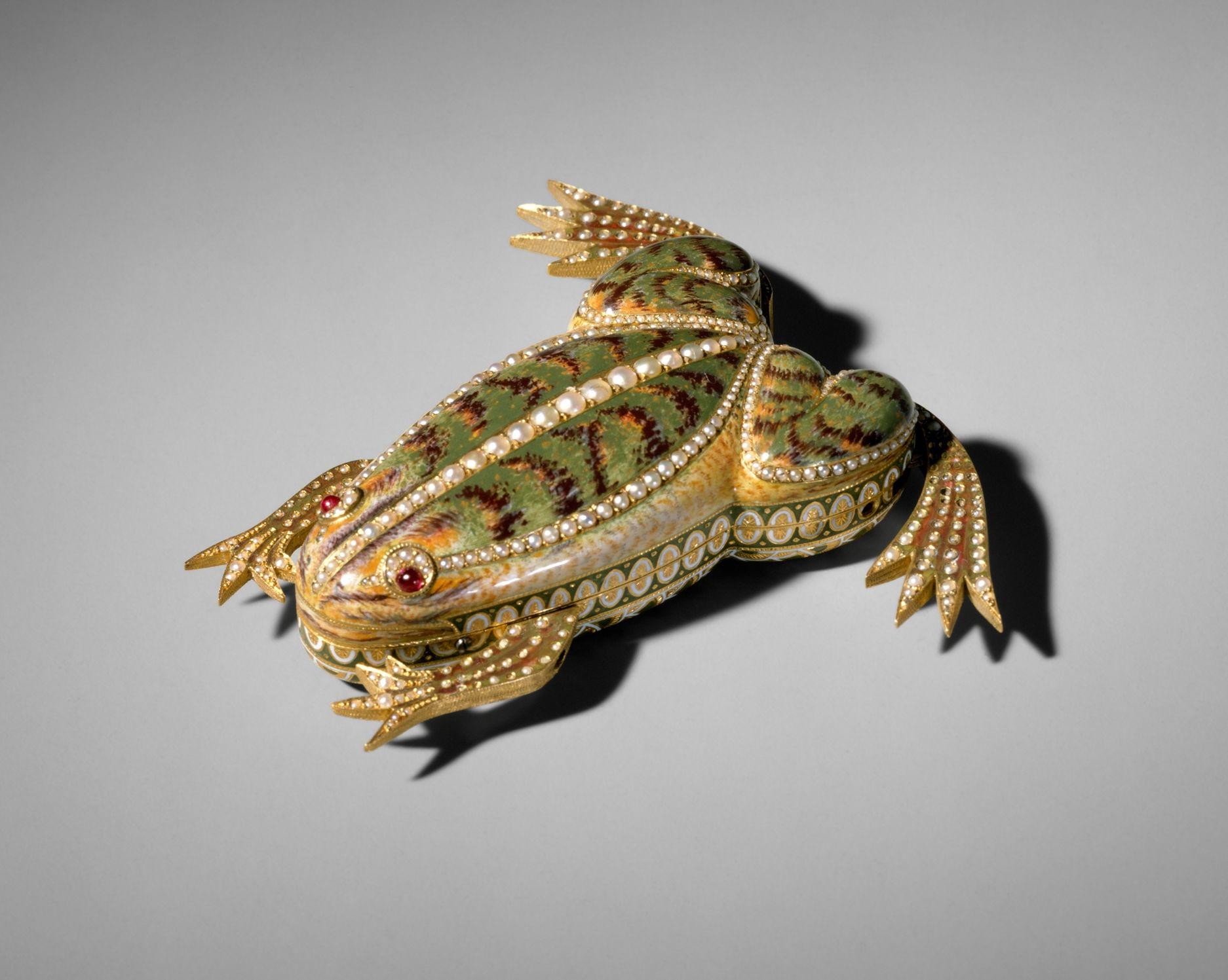 Tiny Swiss green enamel and gold mechanical jumping frog automaton, circa 1820
